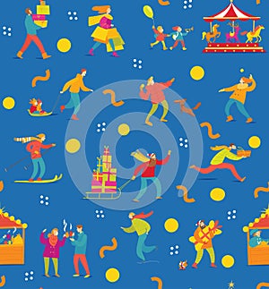Vector abstract winter seamless pattern with people for Christmas