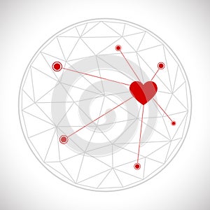 Vector abstract wireframe connecting lines sphere with big hearts
