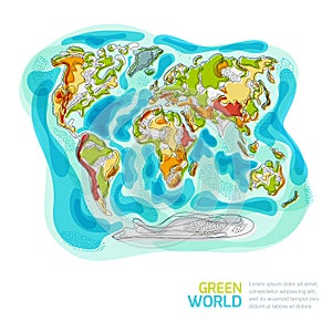 Vector abstract world map. Isolated illustration of planet. Environmental, save Earth or travel around the world concept