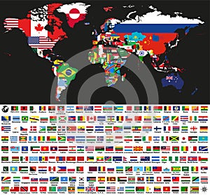 Vector abstract world political map mixed with national flags on black background. Collection of all world flags