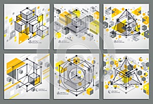 Vector abstract yellow backgrounds set created in isometric mesh lines style. Mechanical scheme, vector engineering drawing with