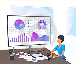 Vector, accountant analyzing financial report. Accounting. Business analyst auditing finance data on computer screen. Financial co