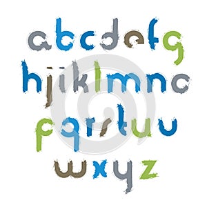 Vector acrylic alphabet letters set, hand-drawn colorful script, bright small letters drawn with ink brush, doodle font.