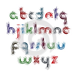 Vector acrylic alphabet letters set, hand-drawn colorful script, bright small letters drawn with ink brush, doodle smeared