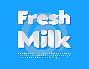 Vector advertising badge Fresh Milk. Paper style Font. Clean White Alphabet Letters, Numbers and Symbols set