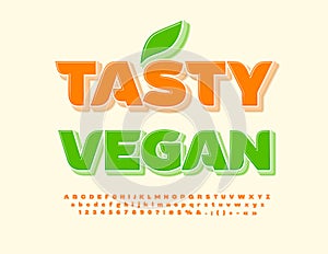 Vector advertising Banner Tasty Vegan. Trendy Orange 3D Font. Artistic Alphabet Letters and Numbers set