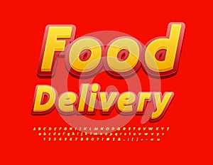 Vector advertising poster Food Delivery. Modern creative Font. Red and Yellow bright Alphabet Letters, Numbers and Symbols.