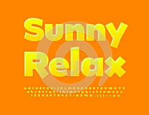 Vector advertising Poster Sunny Relax. Glossy Yellow Font. Funny bright Alphabet Letters and Numbers set