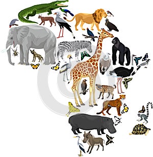 Vector Africa fauna map, flat elements. Animals, birds, reptiles, insects big set. Geography infographic photo