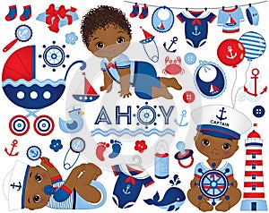 Vector African American Baby Boy Set in Nautical Style. African American Baby Boy Vector Illustration