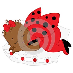 Vector African American Cute Baby Girl in Ladybug Costume Sleeping.