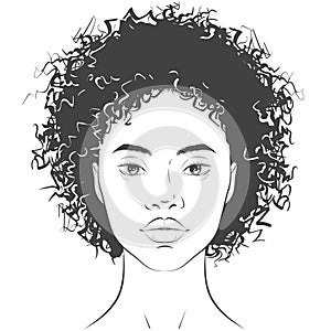 Vector African American dark-skinned woman face with healthy skin and curly hair.