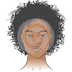 Vector African American dark-skinned woman face with healthy skin and curly hair.