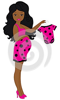 Vector African American Pregnant Woman in Pink Dress with Ladybug Pattern Holding a Bodysuit.