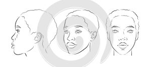 Vector African American woman face. Set of dark-skinned women portrait three different angles.