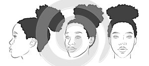 Vector African American woman face. Set of dark-skinned women portrait three different angles.