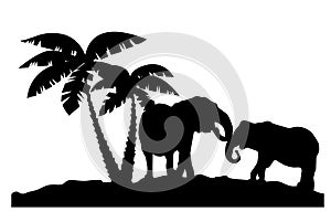 Vector African landscape with Elephants, Palm Trees.