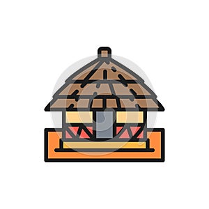 Vector african local traditional house flat color line icon.