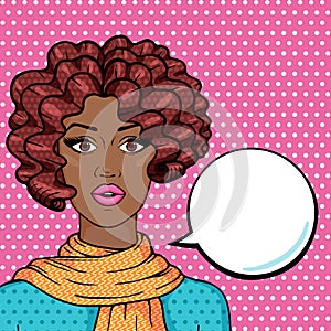 Vector afro girl thinking with space for your text, pop art comic style illustration. Cartoon african american girl in scarf on