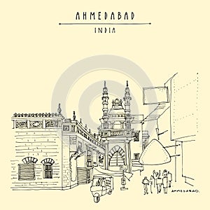 Vector Ahmedabad, Gujarat, India artistic postcard. A mosque near Gandhi road. Old buildings and rickshaw riksha, tul tuk.