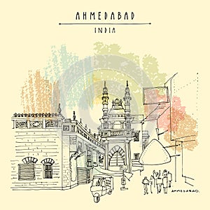 Vector Ahmedabad, Gujarat, India artistic postcard. A mosque near Gandhi road. Old buildings and rickshaw riksha, tul tuk.