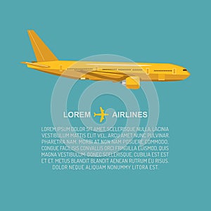 Vector airplane illustration in flat style. Flying jet background. Civil and Cargo aviation poster concept with text.