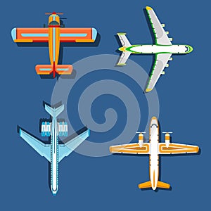 Vector airplane illustration plane top view and aircraft transportation travel way design journey speed plane aviation.