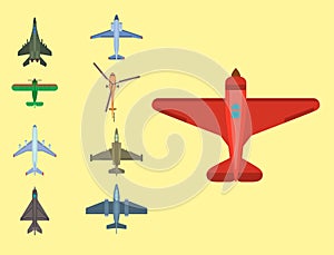 Vector airplane illustration top view and aircraft transportation travel way design journey object.