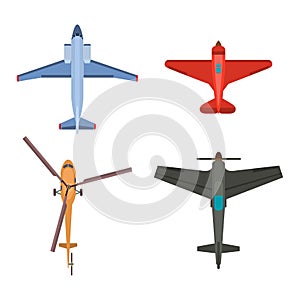 Vector airplane illustration top view and aircraft transportation travel way design journey object.