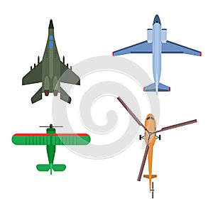 Vector airplane illustration top view and aircraft transportation travel way design journey object.