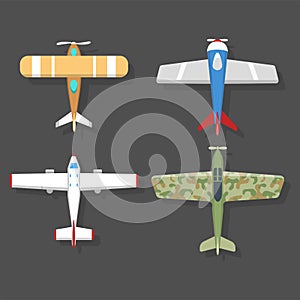 Vector airplane illustration top view and aircraft transportation travel way design journey object.