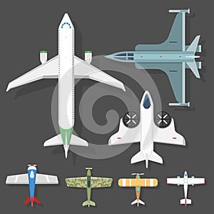 Vector airplane illustration top view and aircraft transportation travel way design journey object.