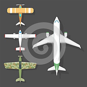 Vector airplane illustration top view and aircraft transportation travel way design journey object.