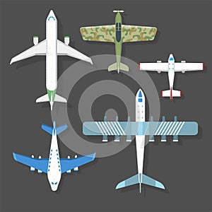 Vector airplane illustration top view and aircraft transportation travel way design journey object.