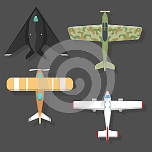 Vector airplane illustration top view and aircraft transportation travel way design journey object.