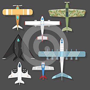 Vector airplane illustration top view and aircraft transportation travel way design journey object.