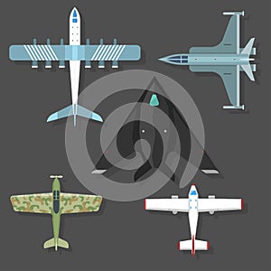 Vector airplane illustration top view and aircraft transportation travel way design journey object.