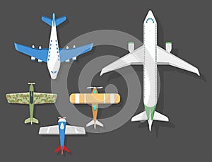 Vector airplane illustration top view and aircraft transportation travel way design journey object.