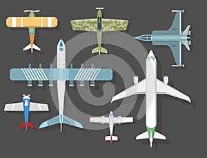 Vector airplane illustration top view and aircraft transportation travel way design journey object.