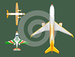 Vector airplane illustration top view and aircraft transportation travel way design journey speed aviation.