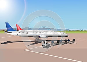 Vector airport concept with aircraft luggage transporter and runway. Vector airport landscape.