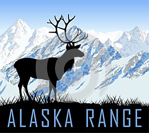 Vector alaska range mountains lake with raindeer