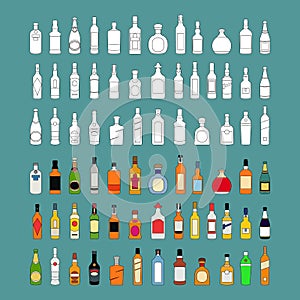 Vector Alcohol bottles line icons set. Flat design alcohol bottles collection illustration vector