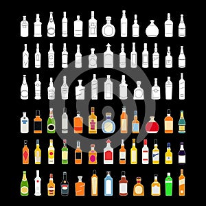 Vector Alcohol bottles line icons set. illustration drinks. Object for advertising and web isolated on black background