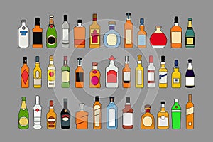 Vector Alcohol bottles line icons set. illustration drinks. Object for advertising and web isolated on grey background