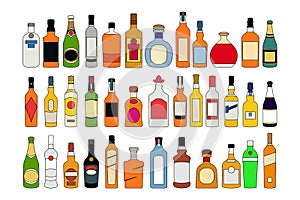 Vector Alcohol bottles line icons set. illustration drinks. Object for advertising and web isolated on white background