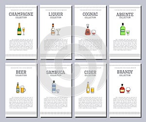 Vector alcohol list with icons for bar menu. Vodka wine whiskey tequila vermouth gin rum port. Brochure cafe restaurant