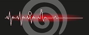 Vector. Alcoholic cardiograph. Social issue alcoholism therapy. Red heartbeat line. WIne glass alcohol bottle. Graphic