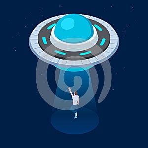 Vector aliens abduct man. UFO flying spaceship isometric design. UFO kidnaps man vector illustration