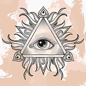 Vector All seeing eye pyramid symbol. Illumination tattoo. Vintage hand drawn freedom, spiritual, occultism and mason sign in
